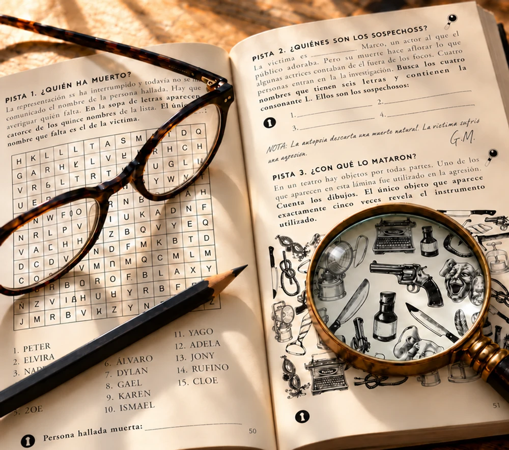 Escena del libro abierto con lápiz, gafas y lupa cubriendo parcialmente los retos del caso 8.
